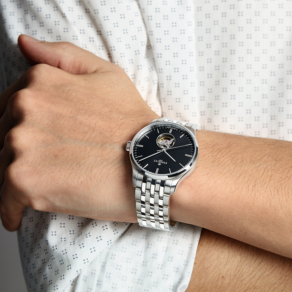 WEEKEND OPEN HEART Stainless Steel + Black Leather strap