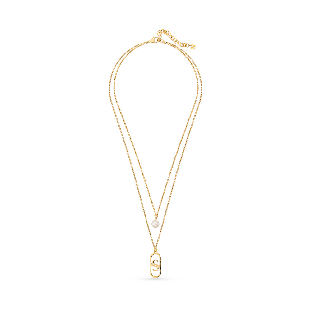 Double-Layerd Arc Necklace with Pearl Drop IP GOLD PLATING