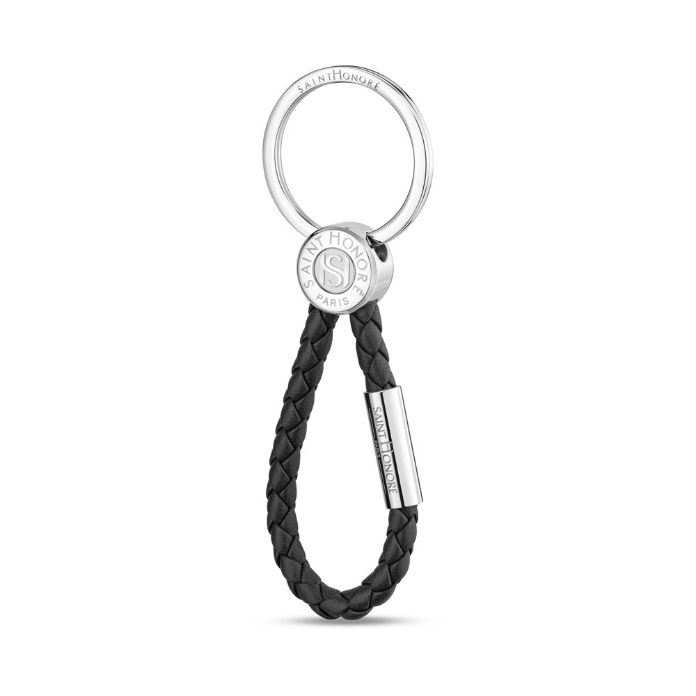Coin Leather Keyring with Engraved Logo STEEL AND BLACK