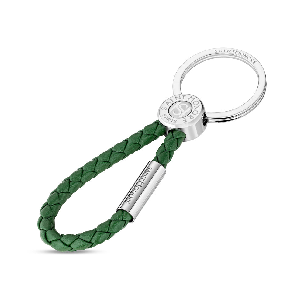Coin Leather Keyring with Engraved Logo STEEL AND GREEN