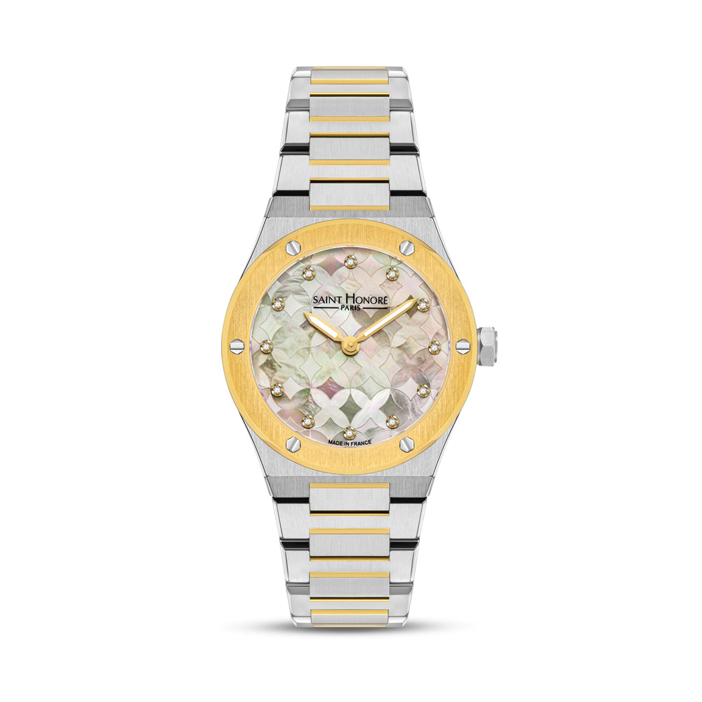 Haussman 32MM Diamond Grey MOP Watch STAINLESS STEEL & IP GOLD PLATED / WHITE MOP
