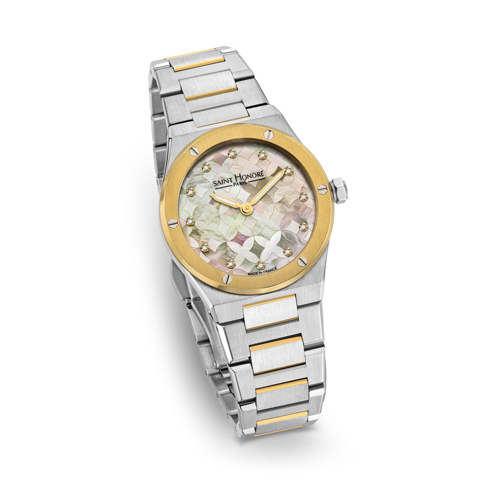 Haussman 32MM Diamond Grey MOP Watch STAINLESS STEEL & IP GOLD PLATED / WHITE MOP