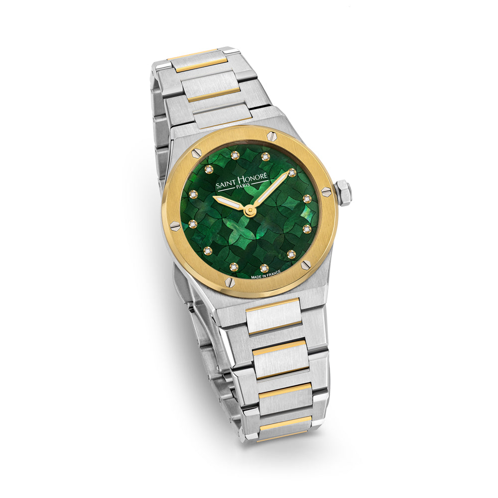 Haussman 32MM Diamond Grey MOP Watch STAINLESS STEEL & IP GOLD PLATED / GREEN