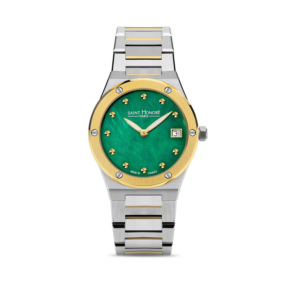 Haussman 32MM White MOP Watch STAINLESS STEEL & IP GOLD PLATED / GREEN