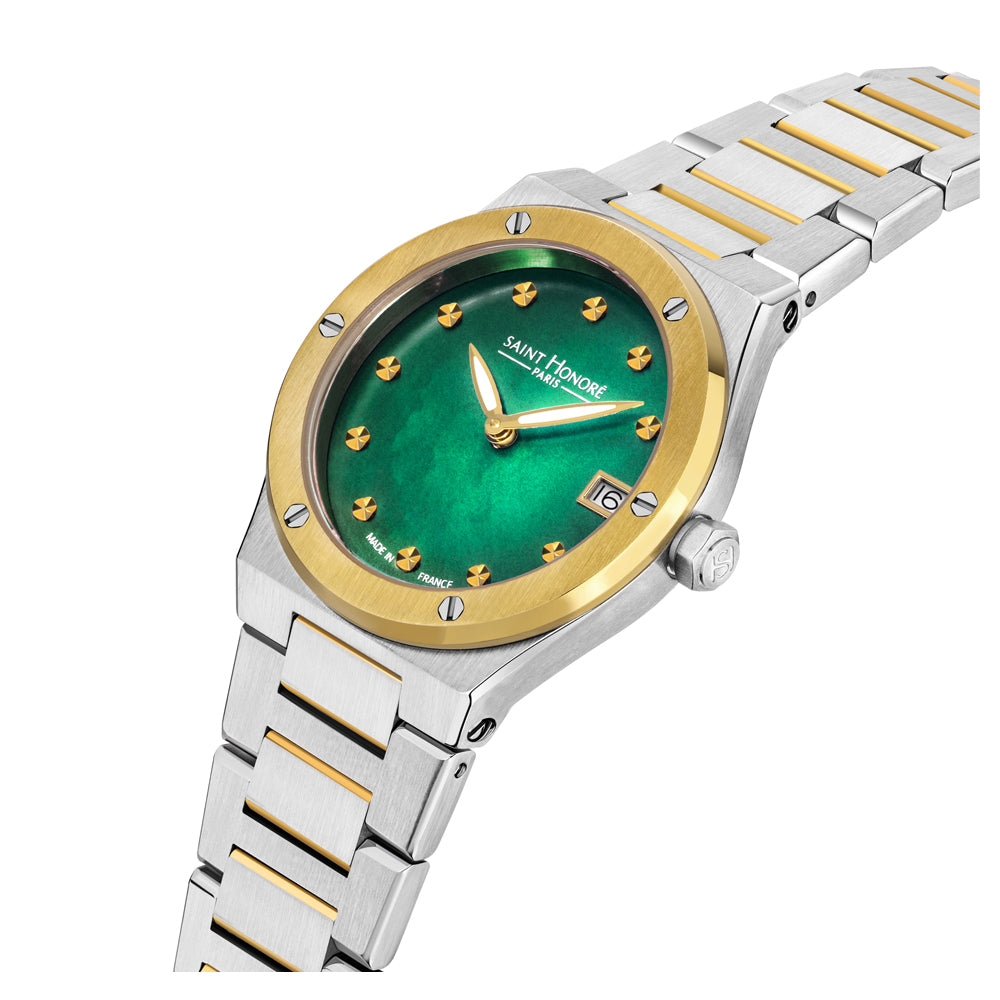 Haussman 32MM White MOP Watch STAINLESS STEEL & IP GOLD PLATED / GREEN