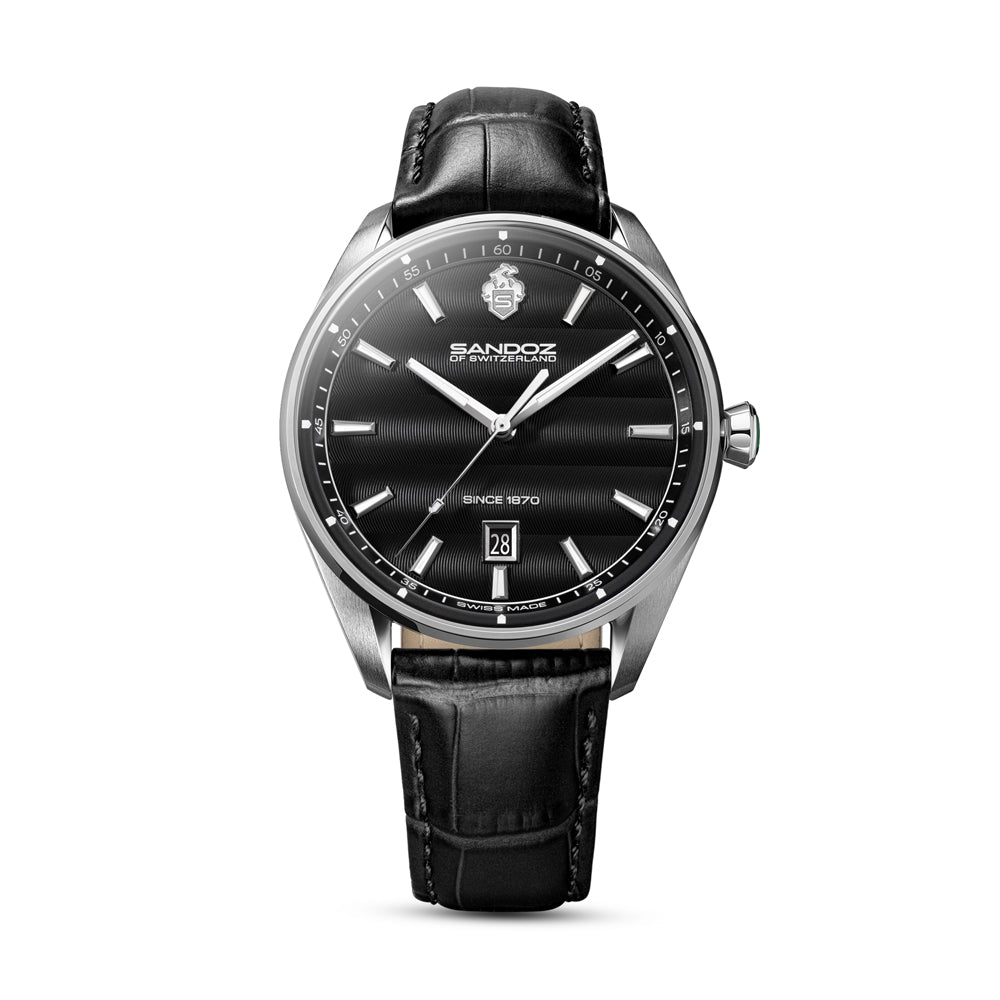 BACHELIN GENTS QUARTZ WATCH Black Dial, Black Leather Strap