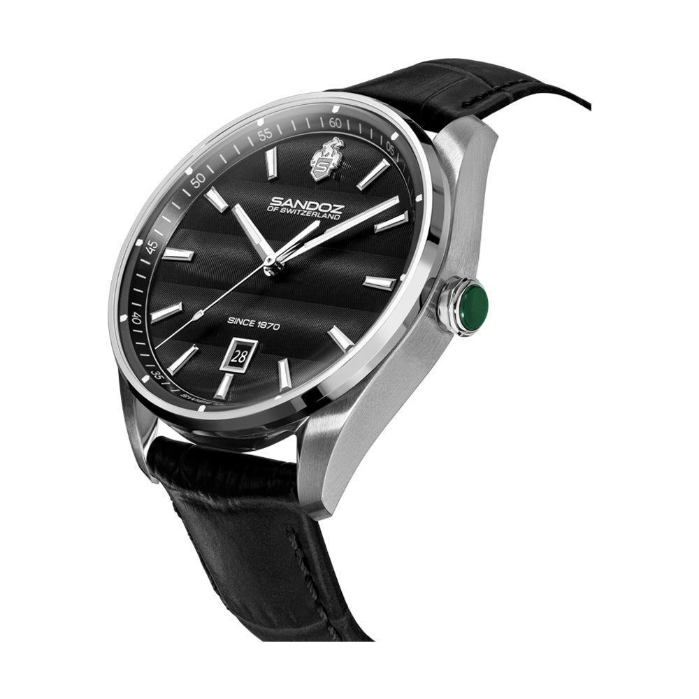 BACHELIN GENTS QUARTZ WATCH Black Dial, Black Leather Strap