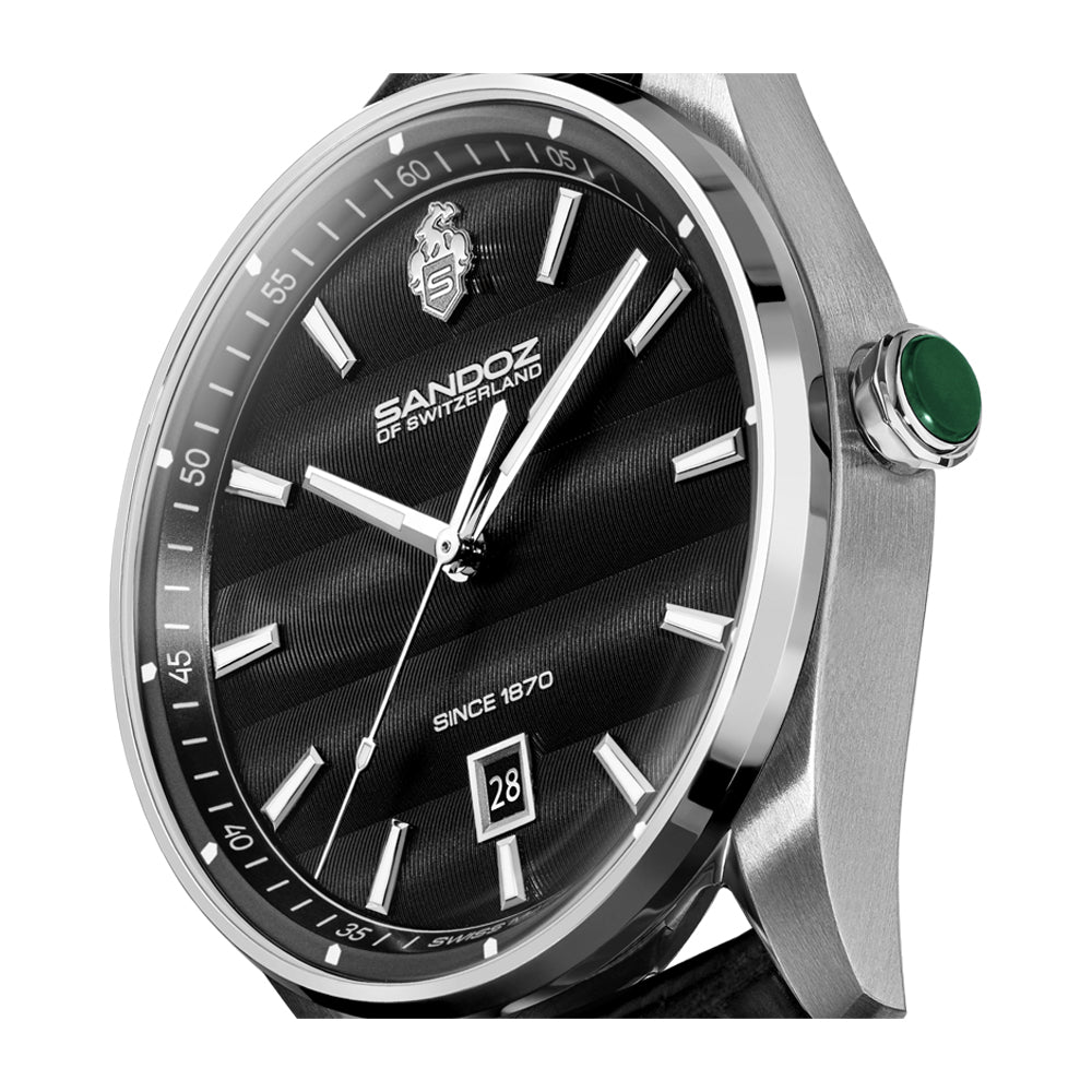 BACHELIN GENTS QUARTZ WATCH Black Dial, Black Leather Strap