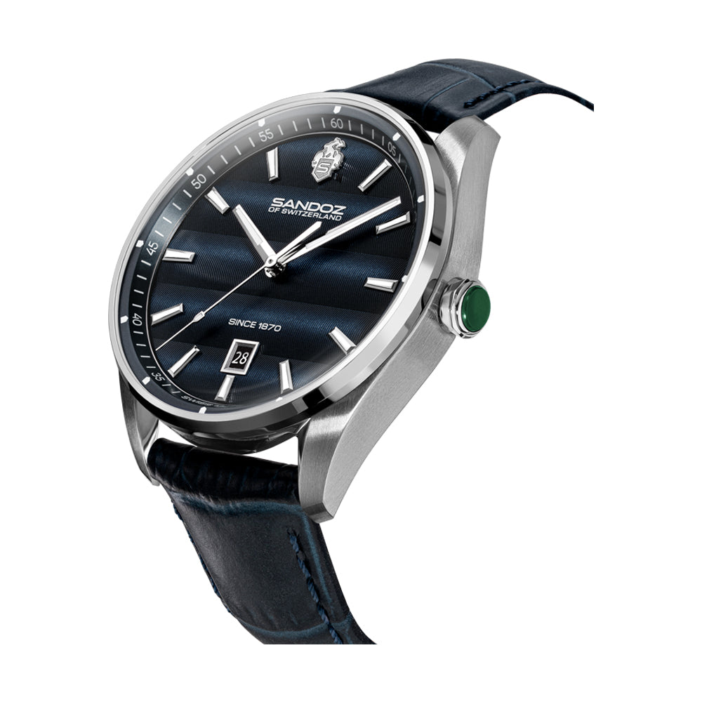 BACHELIN GENTS QUARTZ WATCH Blue Dial, Blue Leather Strap