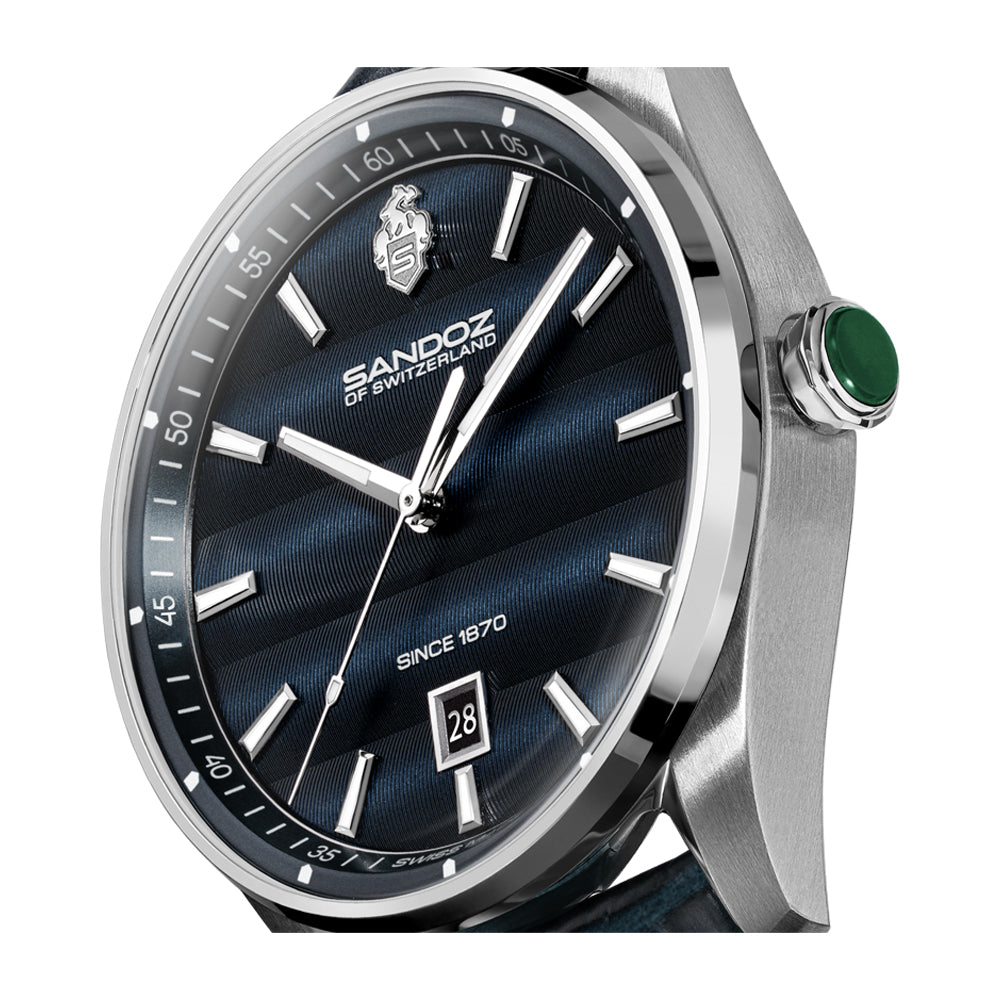 BACHELIN GENTS QUARTZ WATCH Blue Dial, Blue Leather Strap