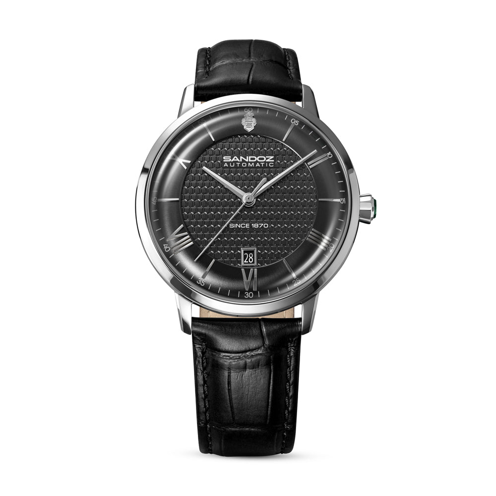 ROCHETTES GENTS AUTOMATIC WATCH Black Dial, Black Leather strap