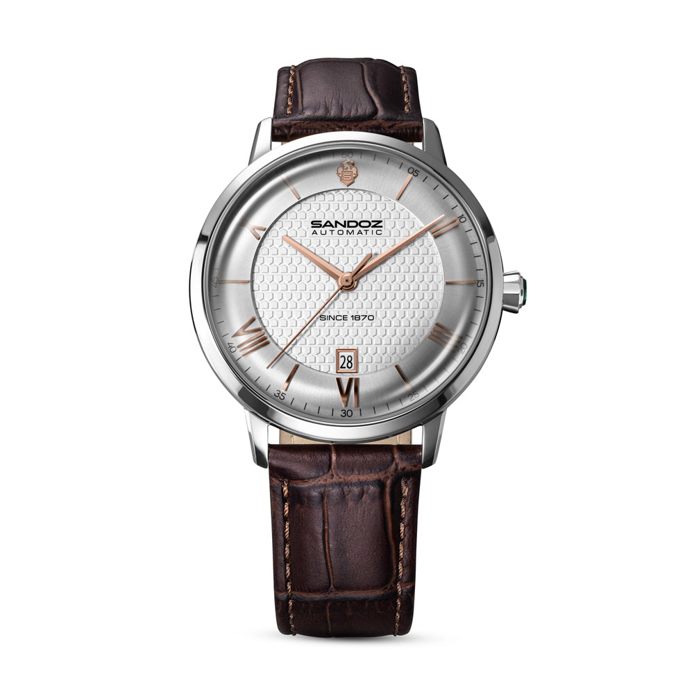 ROCHETTES GENTS AUTOMATIC WATCH Silver Dial, Brown Leather strap