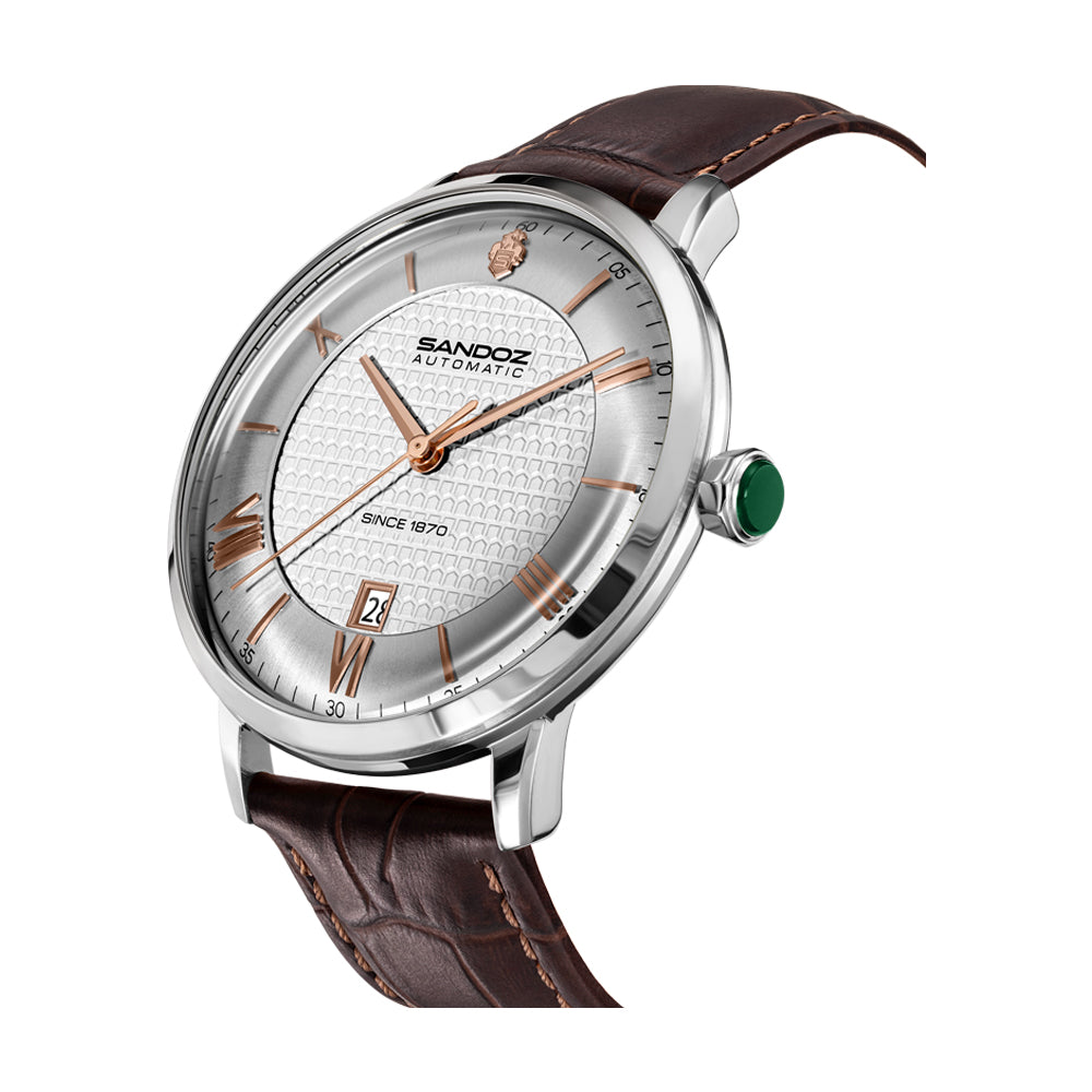 ROCHETTES GENTS AUTOMATIC WATCH Silver Dial, Brown Leather strap