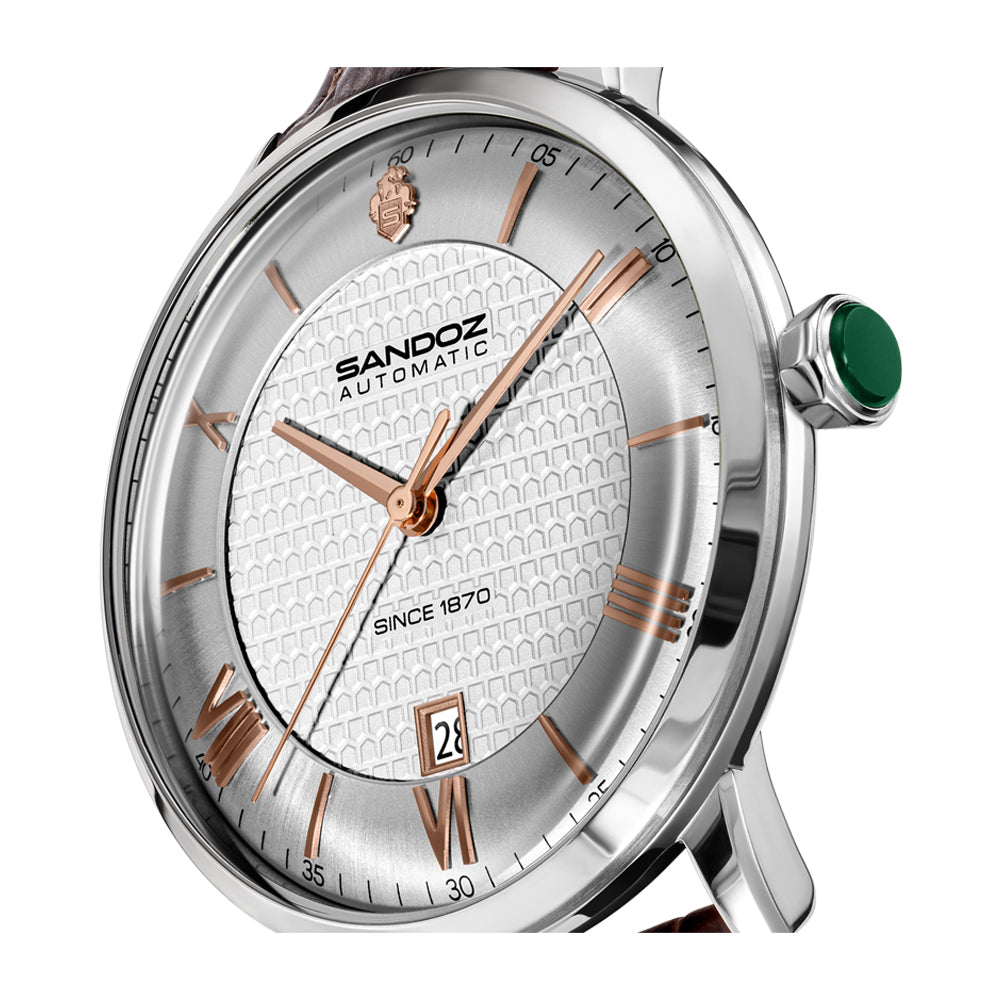 ROCHETTES GENTS AUTOMATIC WATCH Silver Dial, Brown Leather strap