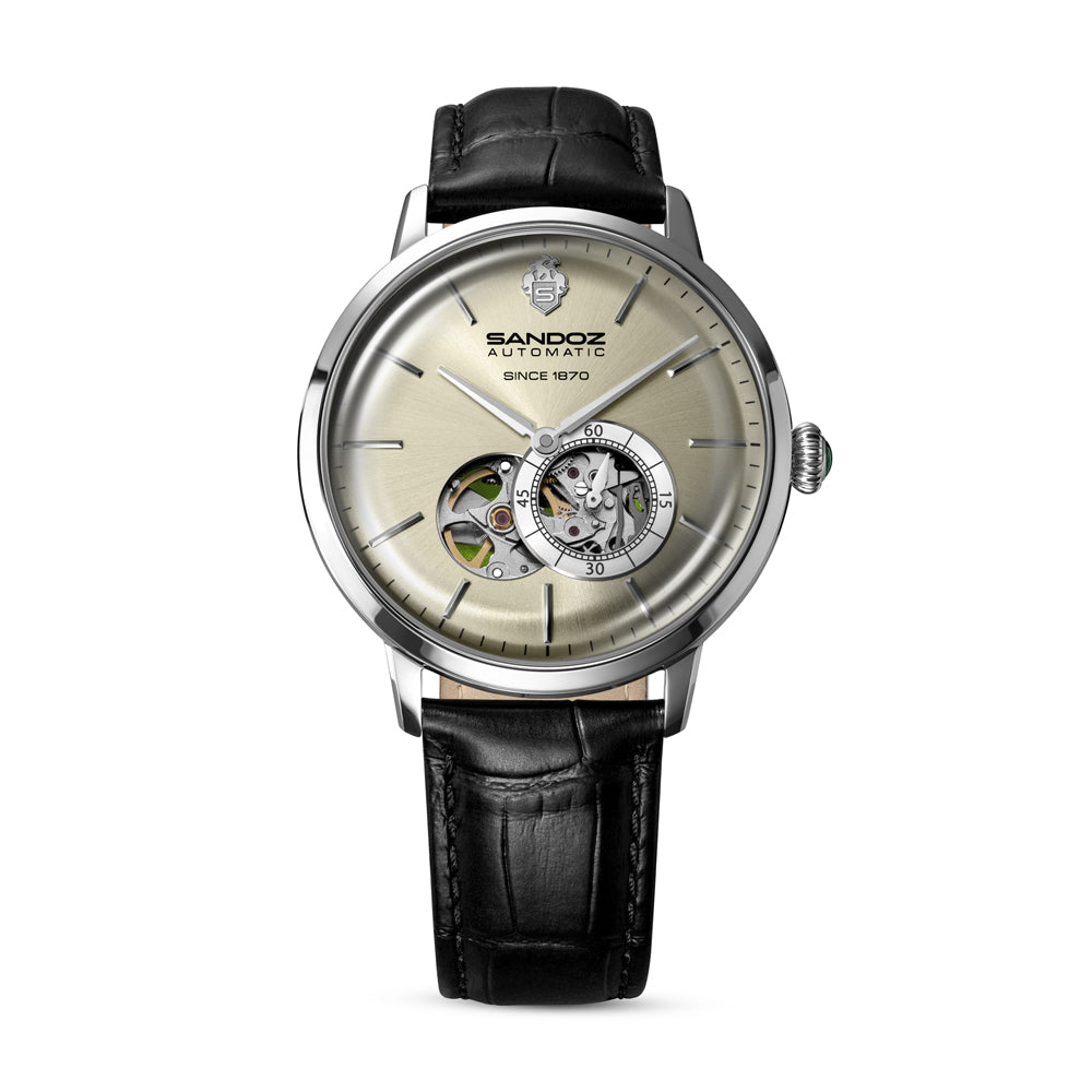 ROCHETTES GENTS AUTOMATIC OPEN HEART WATCH Salmon Dial, Black Leather Strap