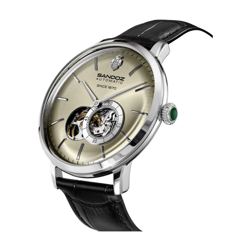 ROCHETTES GENTS AUTOMATIC OPEN HEART WATCH Salmon Dial, Black Leather Strap