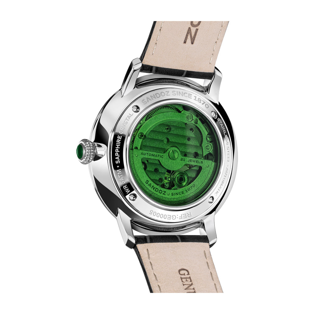 ROCHETTES GENTS AUTOMATIC OPEN HEART WATCH Salmon Dial, Black Leather Strap