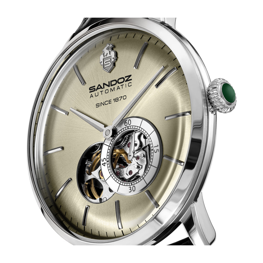 ROCHETTES GENTS AUTOMATIC OPEN HEART WATCH Salmon Dial, Black Leather Strap