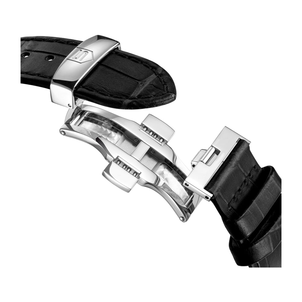 ROCHETTES GENTS AUTOMATIC OPEN HEART WATCH Salmon Dial, Black Leather Strap