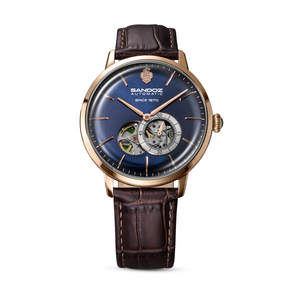 ROCHETTES GENTS AUTOMATIC OPEN HEART WATCH Blue Dial, Brown Leather Strap