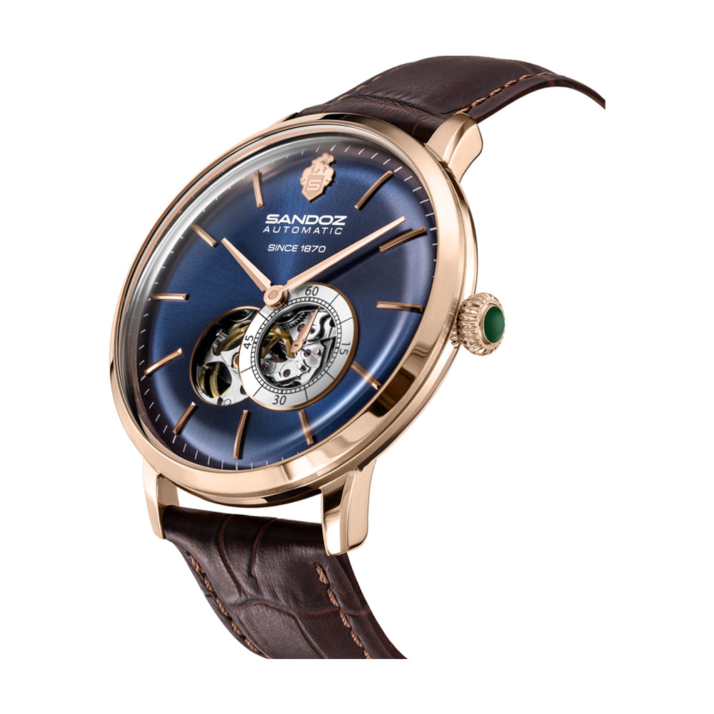 ROCHETTES GENTS AUTOMATIC OPEN HEART WATCH Blue Dial, Brown Leather Strap