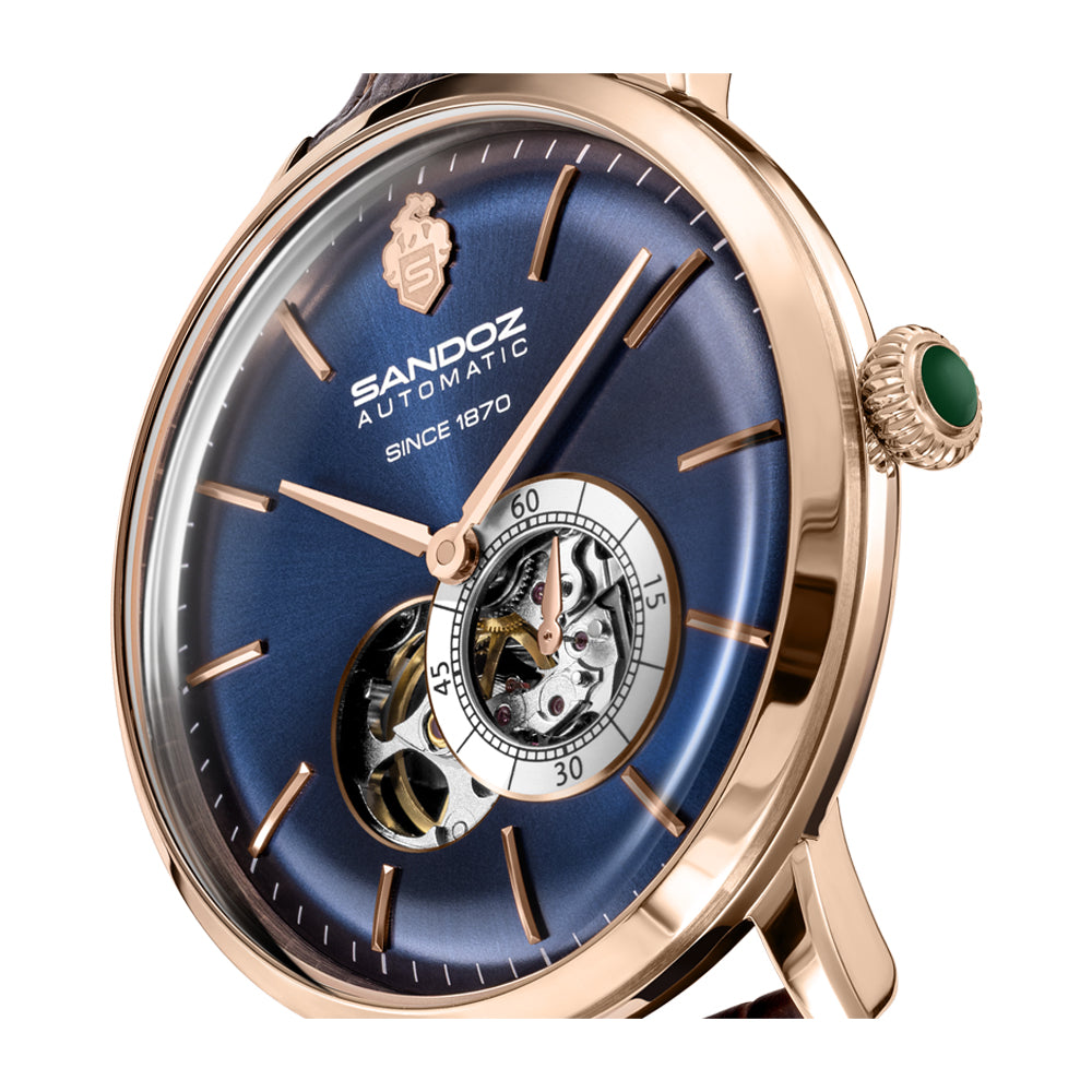 ROCHETTES GENTS AUTOMATIC OPEN HEART WATCH Blue Dial, Brown Leather Strap