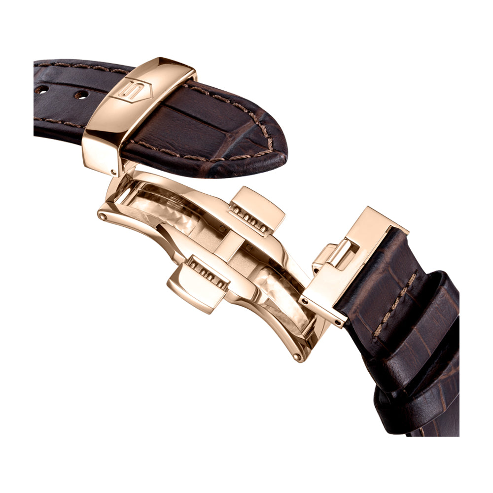 ROCHETTES GENTS AUTOMATIC OPEN HEART WATCH Blue Dial, Brown Leather Strap