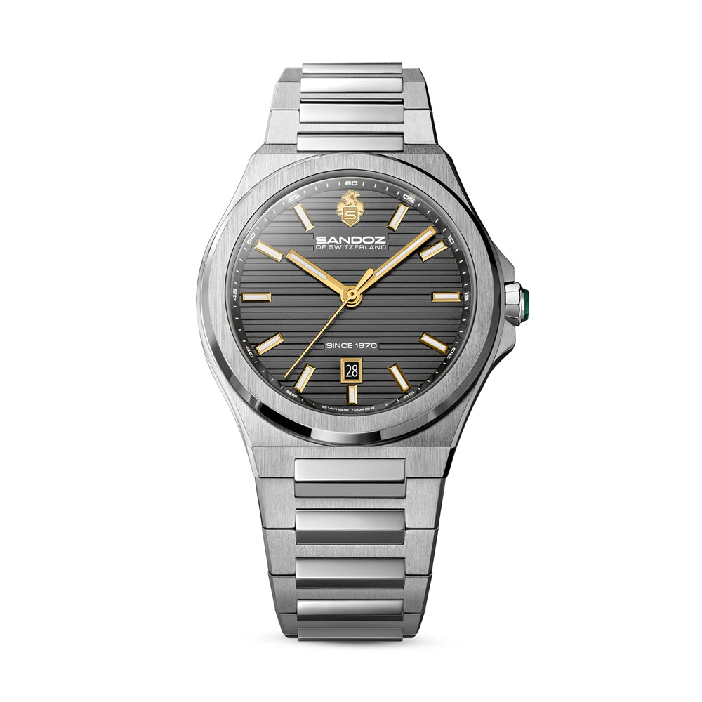 CDF 75 GENTS QUARTZ 3H DATE Anthracite Brushed Dial with Embossed Lines / Silver Colour 316L Stainless Steel Bracelet and Butterfly Buckle