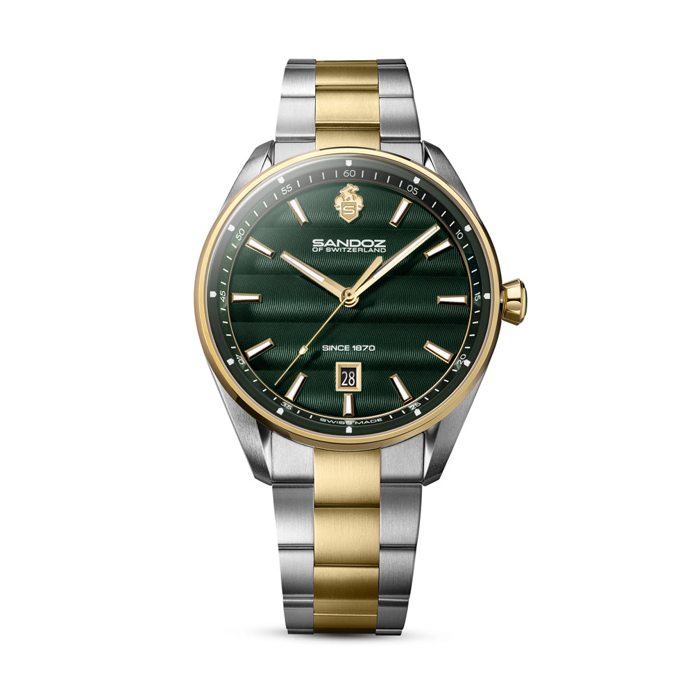 BACHELIN GENTS QUARTZ WATCH Green Dial, Silver- gold plated bracelet