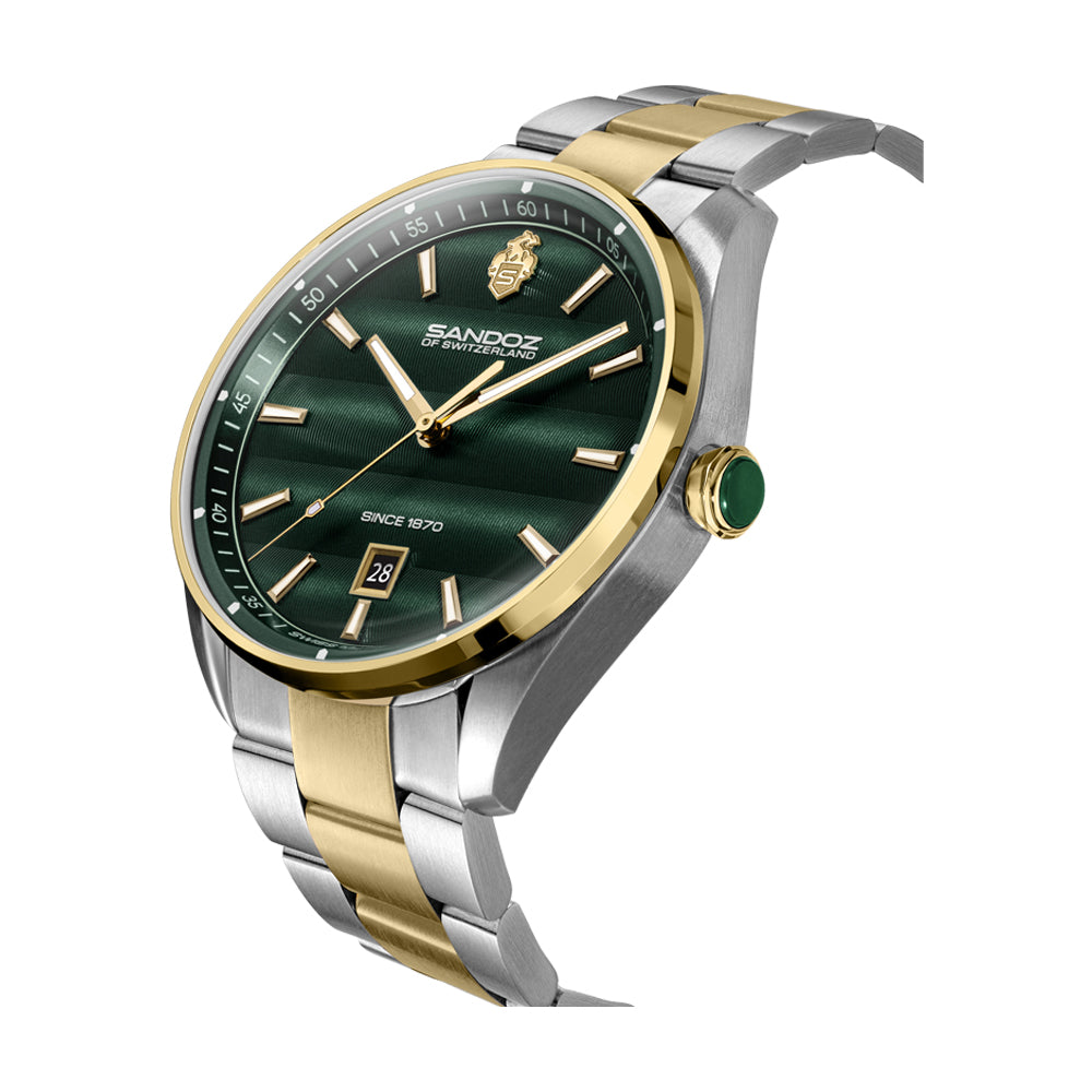 BACHELIN GENTS QUARTZ WATCH Green Dial, Silver- gold plated bracelet