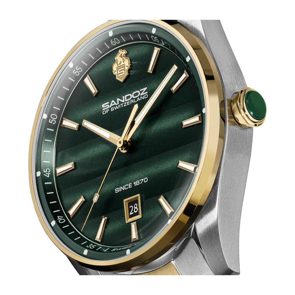 BACHELIN GENTS QUARTZ WATCH Green Dial, Silver- gold plated bracelet