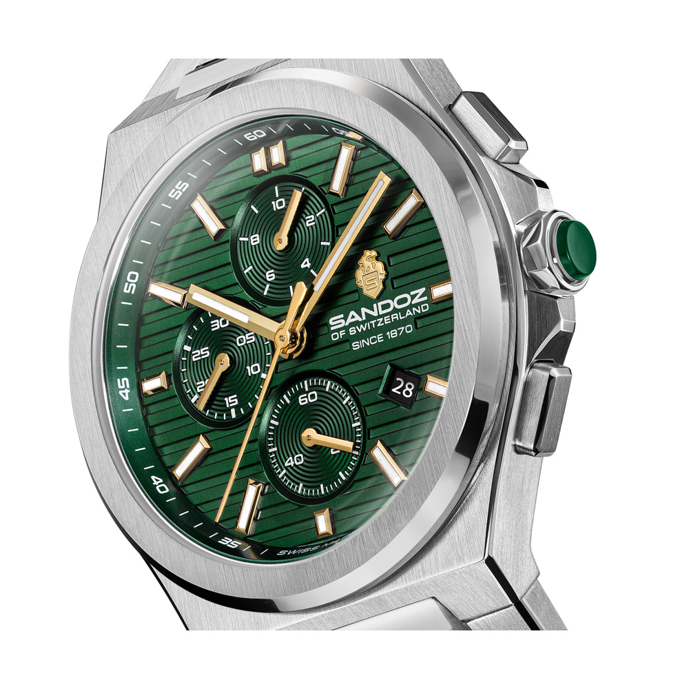 CDF 75 GENTS QUARTZ CHRONOGRAPH Green Brushed Dial with Embossed Lines and Green Chronograph eyes / Silver Colour 316L Stainless Steel Bracelet and Butterfly Buckle