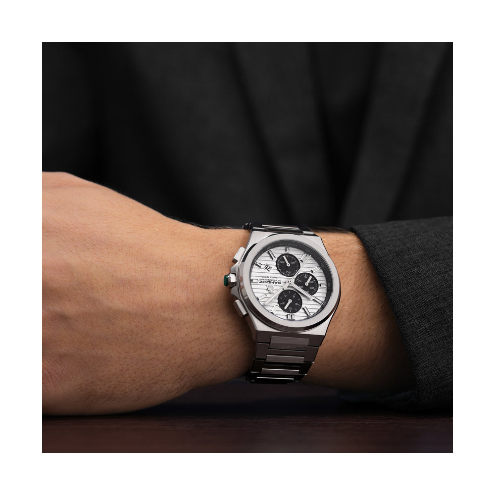 CDF 75 GENTS QUARTZ CHRONOGRAPH Silver Brushed Dial with Embossed Lines and black Chronograph eyes / Silver Colour 316L Stainless Steel Bracelet and Butterfly Buckle