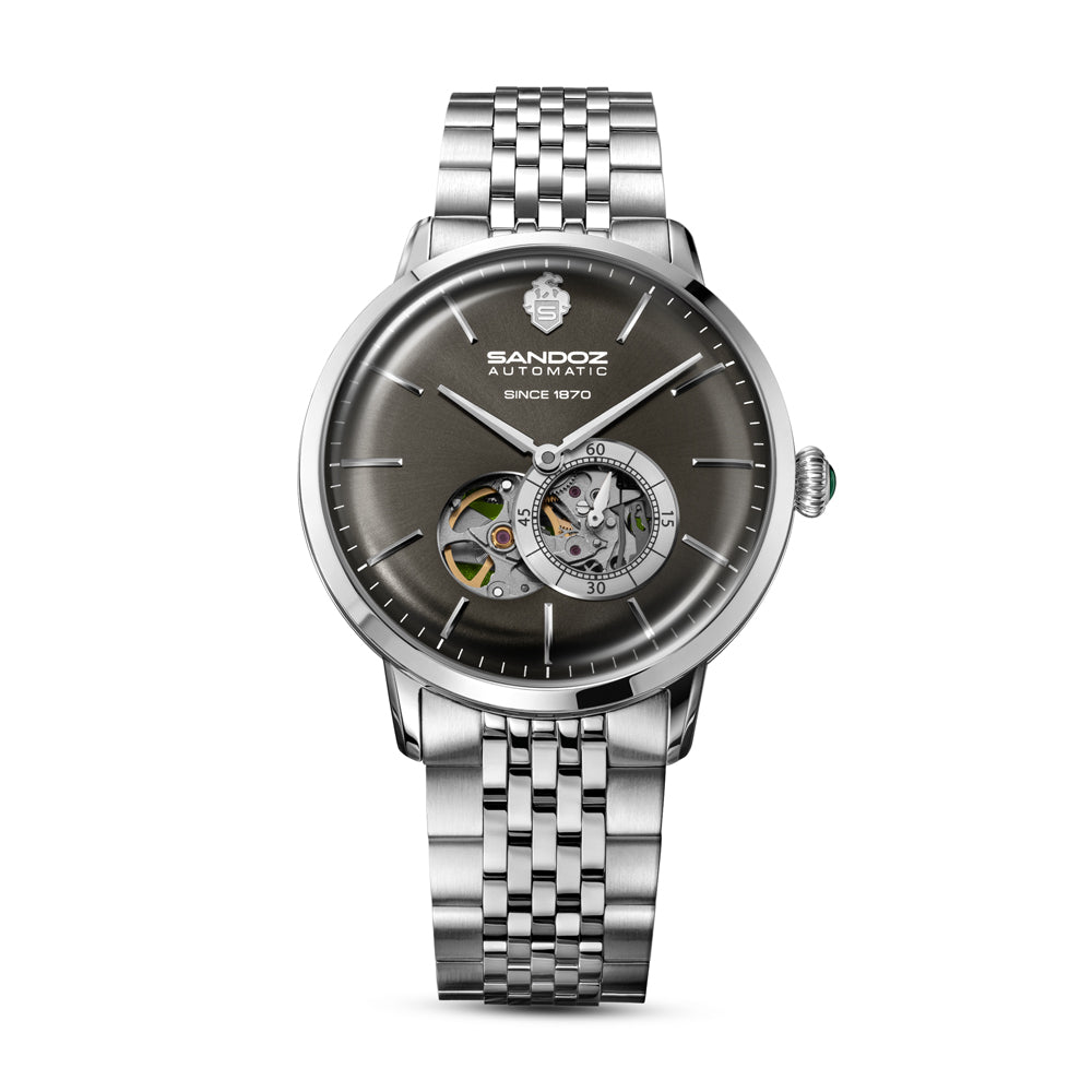 ROCHETTES GENTS AUTOMATIC OPEN HEART WATCH Anthracite Dial, Stainless Steel Bracelet