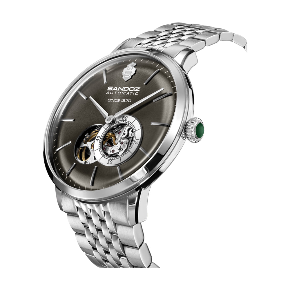 ROCHETTES GENTS AUTOMATIC OPEN HEART WATCH Anthracite Dial, Stainless Steel Bracelet