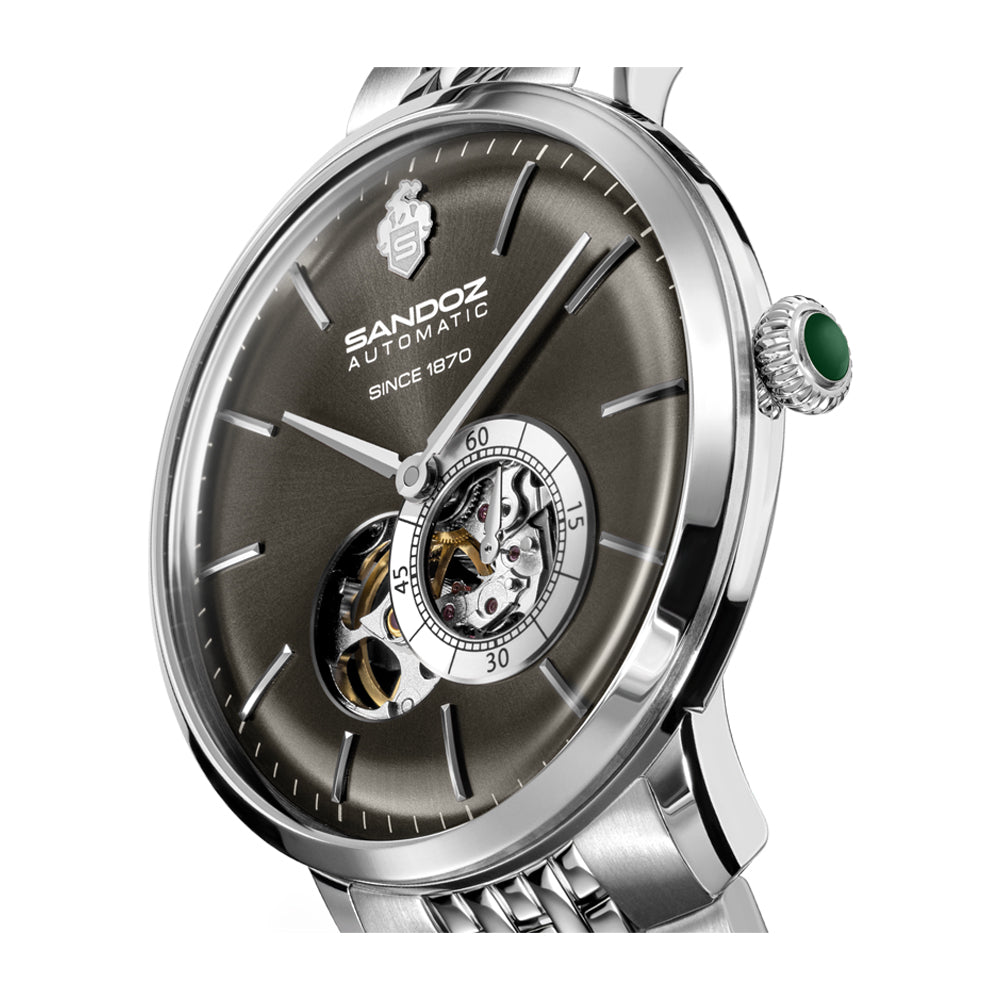 ROCHETTES GENTS AUTOMATIC OPEN HEART WATCH Anthracite Dial, Stainless Steel Bracelet