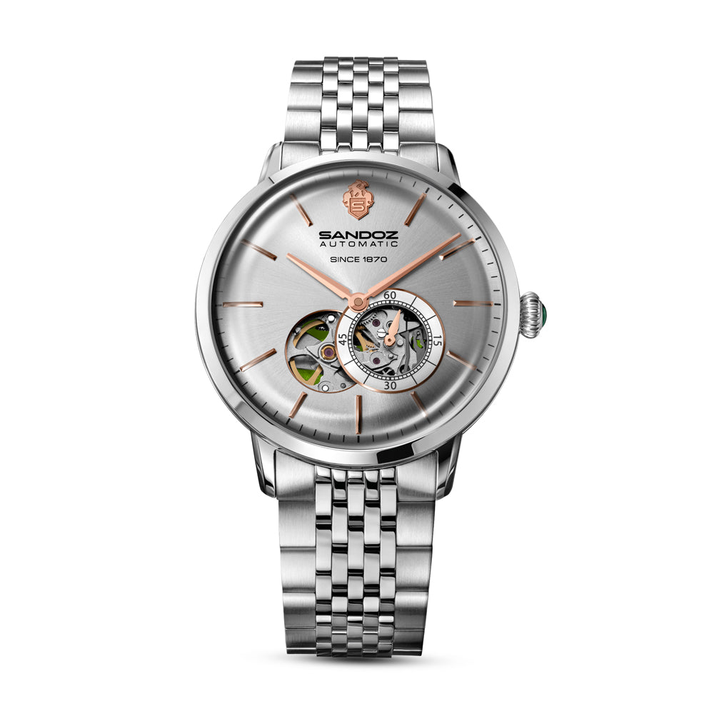 ROCHETTES GENTS AUTOMATIC OPEN HEART WATCH Silver Dial, Stainless Steel Bracelet