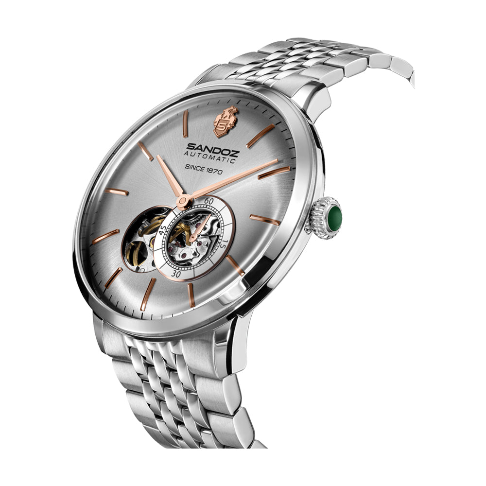 ROCHETTES GENTS AUTOMATIC OPEN HEART WATCH Silver Dial, Stainless Steel Bracelet