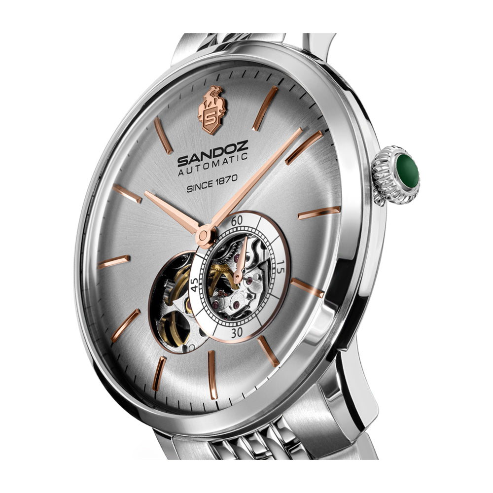 ROCHETTES GENTS AUTOMATIC OPEN HEART WATCH Silver Dial, Stainless Steel Bracelet