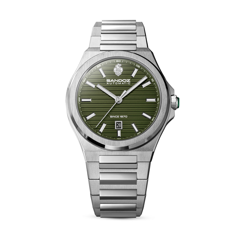 CDF 75 GENTS AUTOMATIC 3H DATE Olive Brushed Dial with Embossed Lines / Silver Colour 316L Stainless Steel Bracelet and Butterfly Buckle