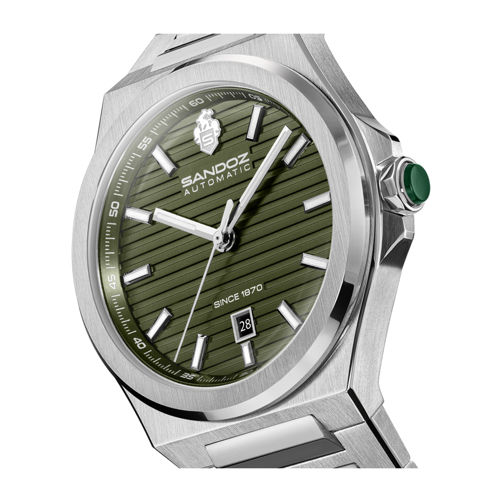 CDF 75 GENTS AUTOMATIC 3H DATE Olive Brushed Dial with Embossed Lines / Silver Colour 316L Stainless Steel Bracelet and Butterfly Buckle