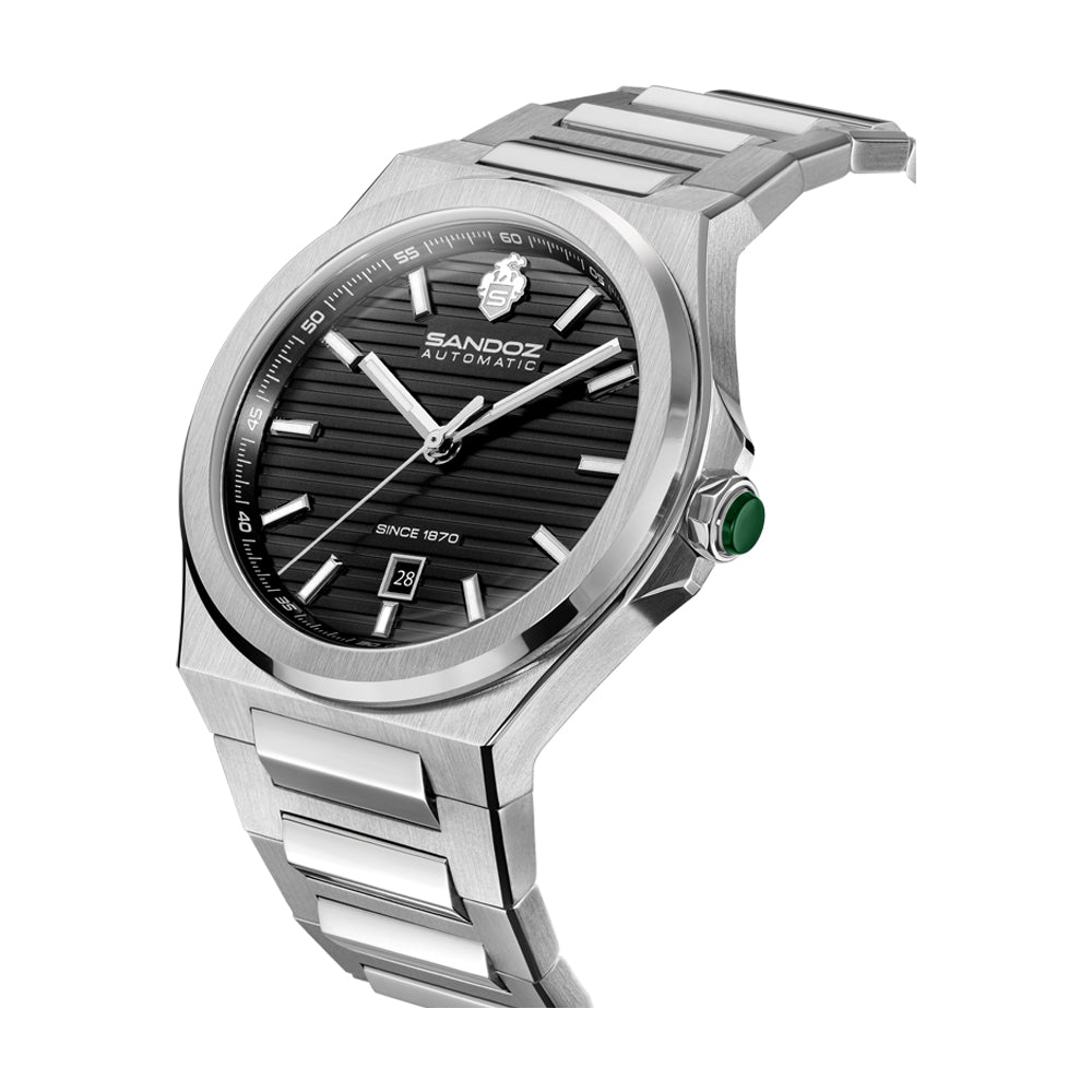CDF 75 GENTS AUTOMATIC 3H DATE Black Brushed Dial with Embossed Lines / Silver Colour 316L Stainless Steel Bracelet and Butterfly Buckle