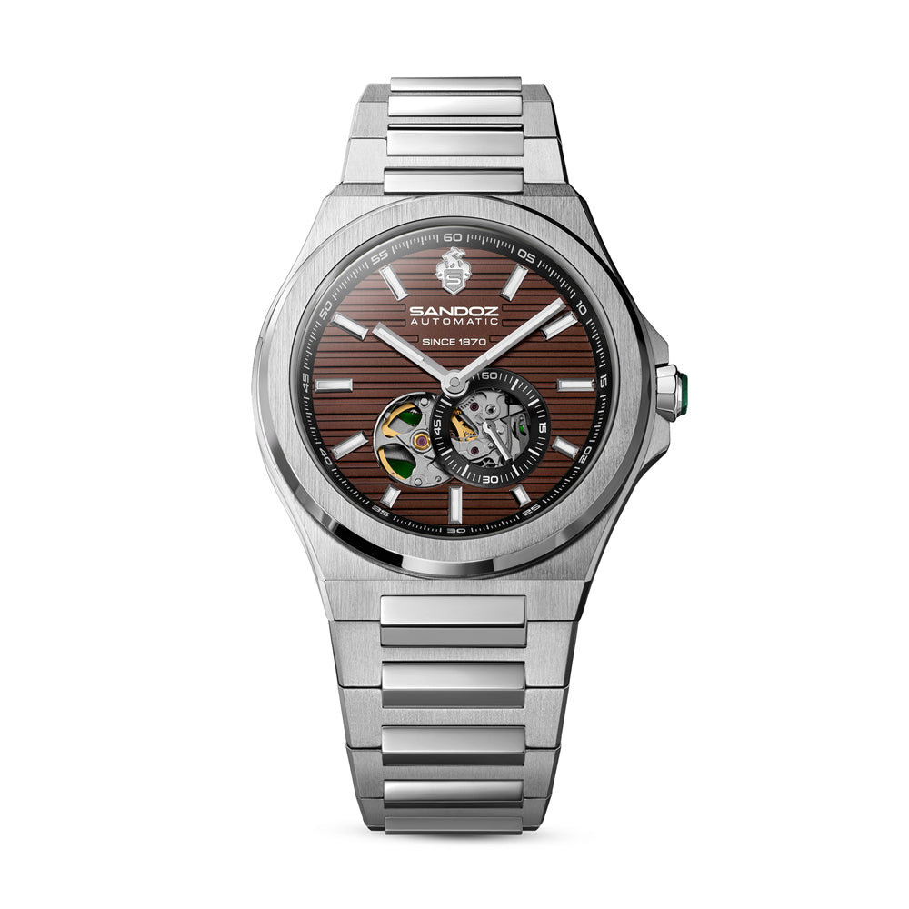CDF 75 GENTS AUTOMATIC OPEN HEART WATCH Brown Dial, Stainless Steel Bracelet