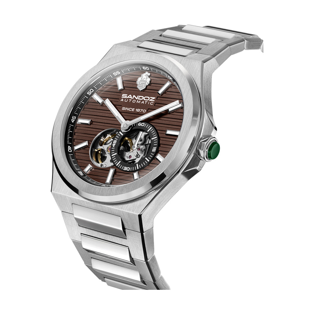 CDF 75 GENTS AUTOMATIC OPEN HEART WATCH Brown Dial, Stainless Steel Bracelet