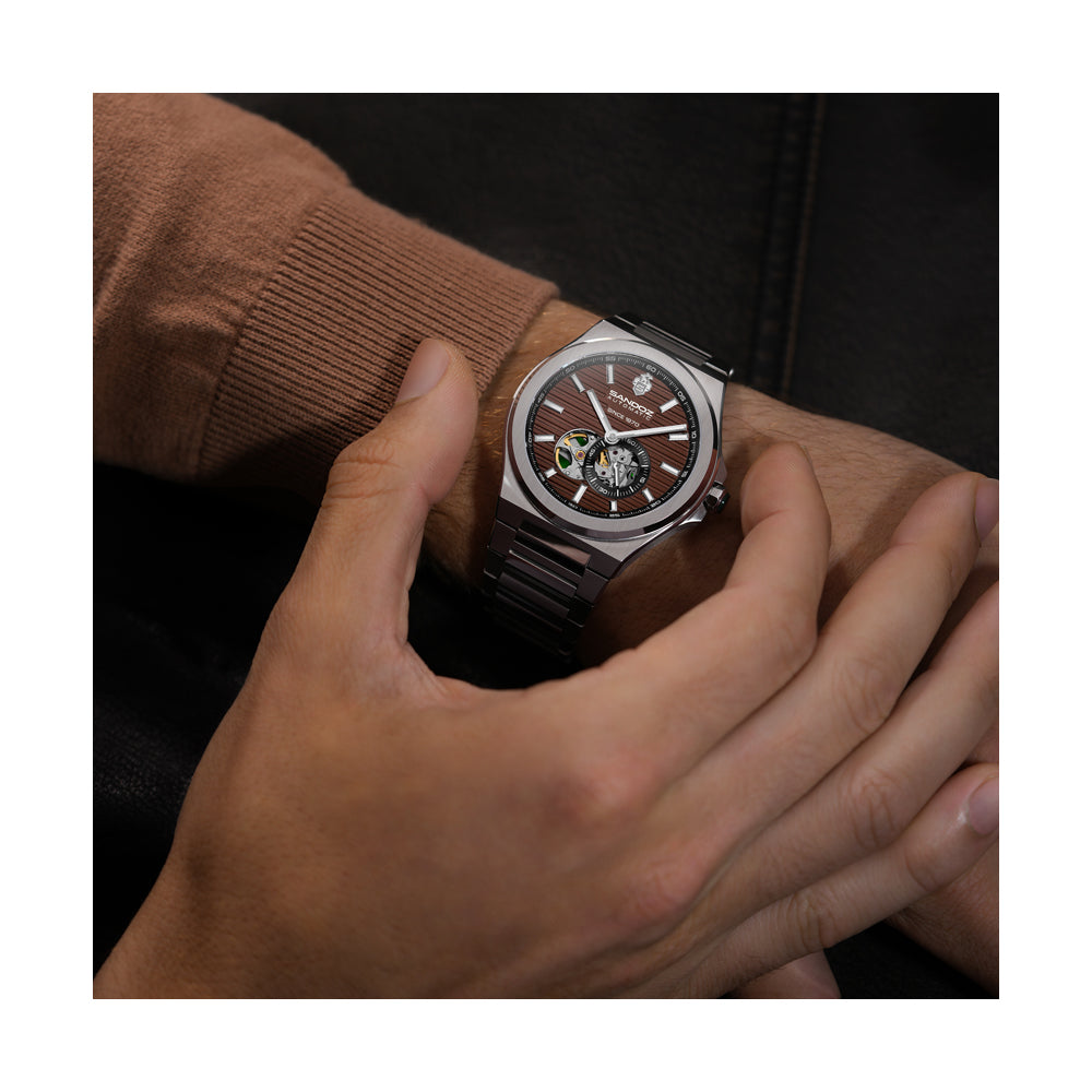 CDF 75 GENTS AUTOMATIC OPEN HEART WATCH Brown Dial, Stainless Steel Bracelet