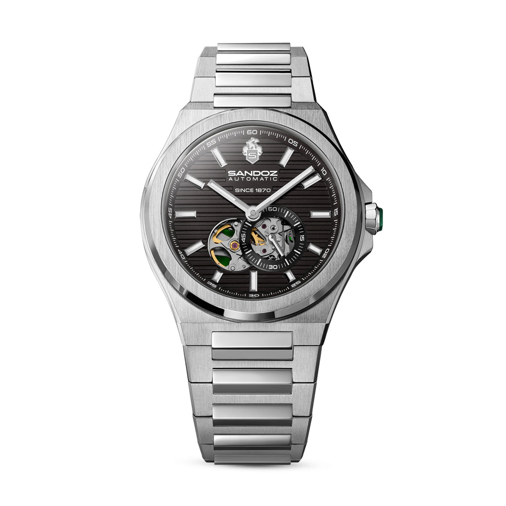 CDF 75 GENTS AUTOMATIC OPEN HEART WATCH Black Dial, Stainless Steel Bracelet