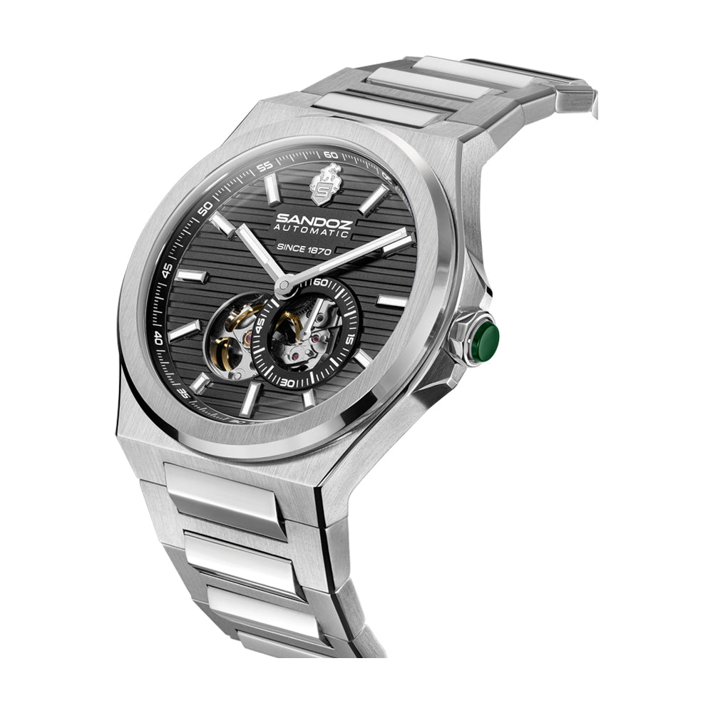 CDF 75 GENTS AUTOMATIC OPEN HEART WATCH Black Dial, Stainless Steel Bracelet