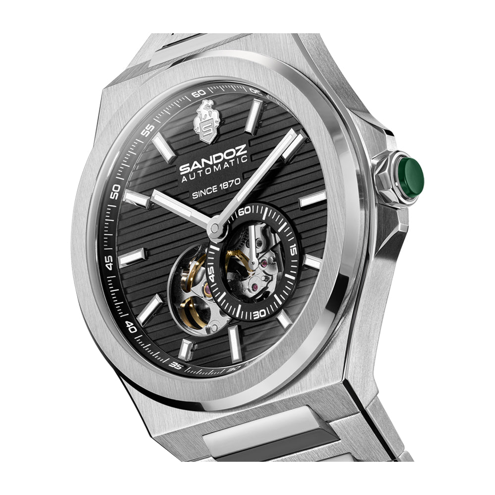 CDF 75 GENTS AUTOMATIC OPEN HEART WATCH Black Dial, Stainless Steel Bracelet