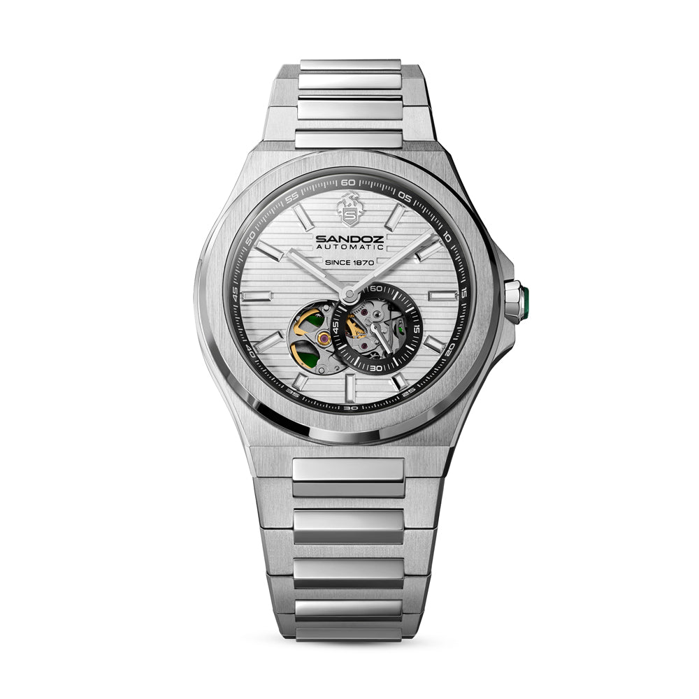 CDF 75 GENTS AUTOMATIC OPEN HEART WATCH Silver Dial, Stainless Steel Bracelet
