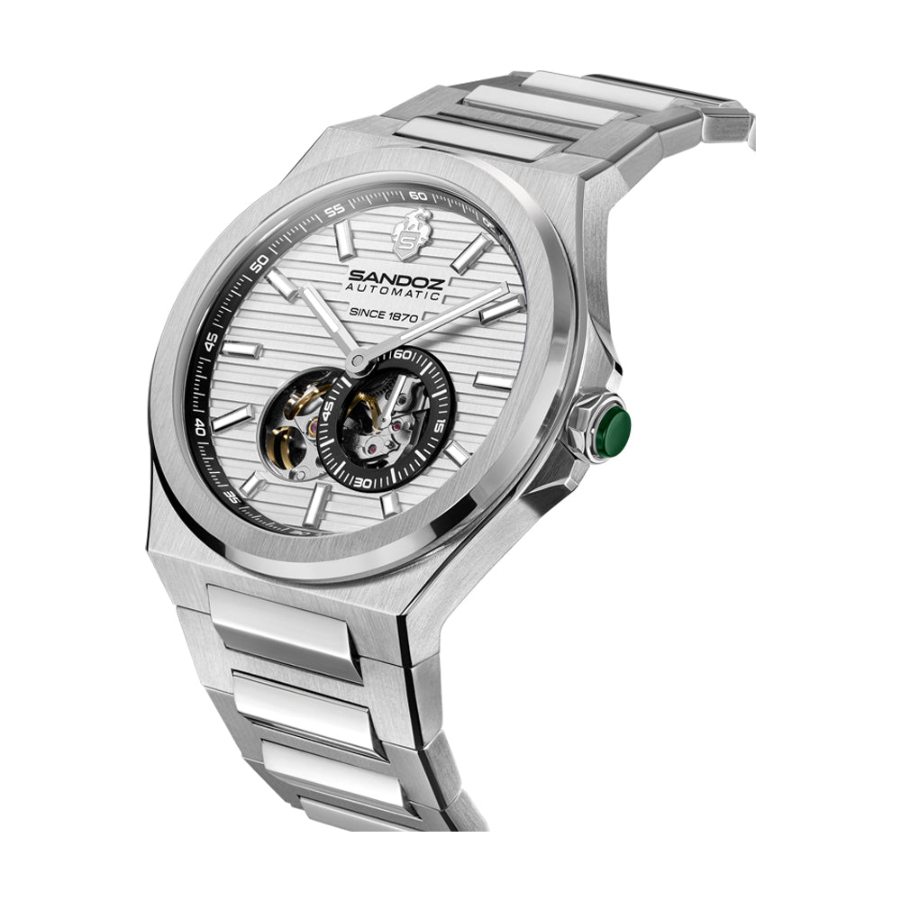 CDF 75 GENTS AUTOMATIC OPEN HEART WATCH Silver Dial, Stainless Steel Bracelet